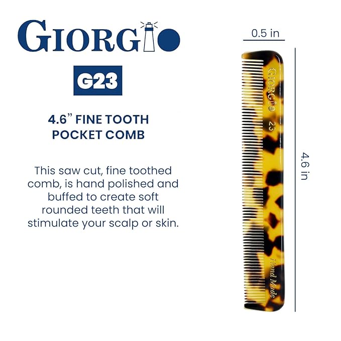 Giorgio G23 Handmade Fine Tooth Comb for Men, Mustache and Beard Comb for Men, Hair Combs for Everyday Grooming, Saw Cut and Hand Polished (4.6")