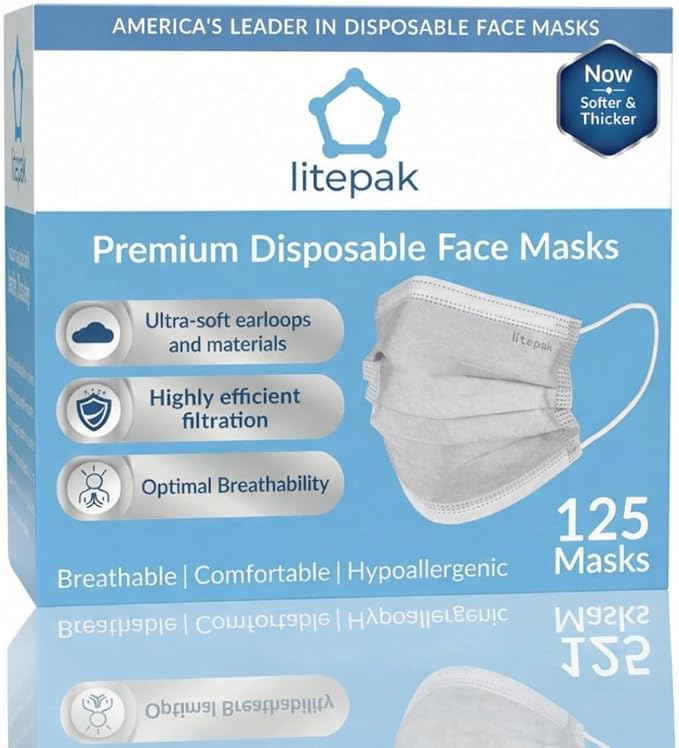 Litepak 125-Pack Disposable Face Mask Premium Comfort Earloops with Dispenser Box (Gray)