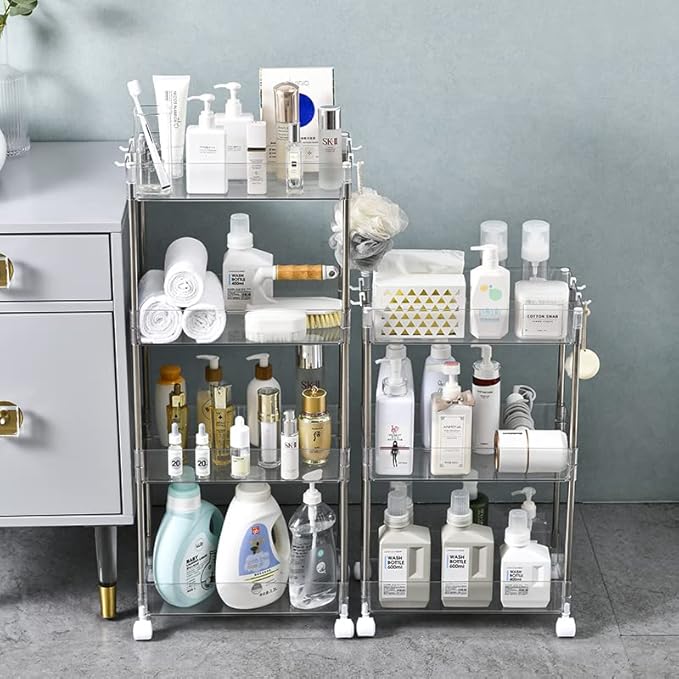 Chris.W Slim Storage Cart 3 Tier with Wheels, Clear Bathroom Cart Organizer, Mobile Shelving Unit Rolling Utility Cart, Slide Out Organizer for Kitchen, Bathroom, Laundry, Narrow Places, Office - 8" W
