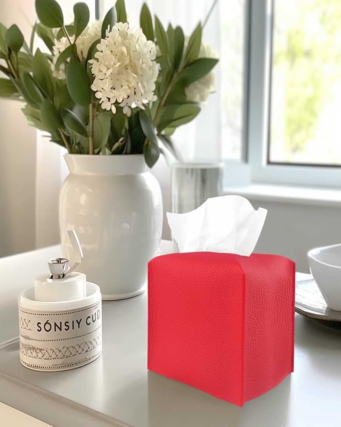 Red Tissue Box Cover Square – with Bottom Belt [JESMINI, Red] Modern PU Leather Tissue Cube Box Holder Decorative for Bathroom Vanity Countertop/Night Stands/Office Desk, 5x5x5