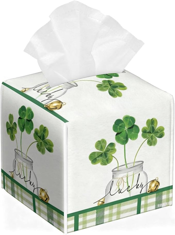Lucky Clover Tissue Box Cover Leather Tissue Box Holder Square Facial Paper Organizer Dispenser for Bathroom Kitchen Bedroom Vanity Countertop Night Stands