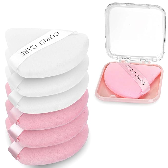 CUPID CARE 6 Pcs Triangle Powder Puff with 2 Travel Cases, Setting Powder Puffs for Face Powder and Foundation, Velour Makeup Puff for Loose Powder Body Powder, Skin-Friendly, Beauty Makeup Tools