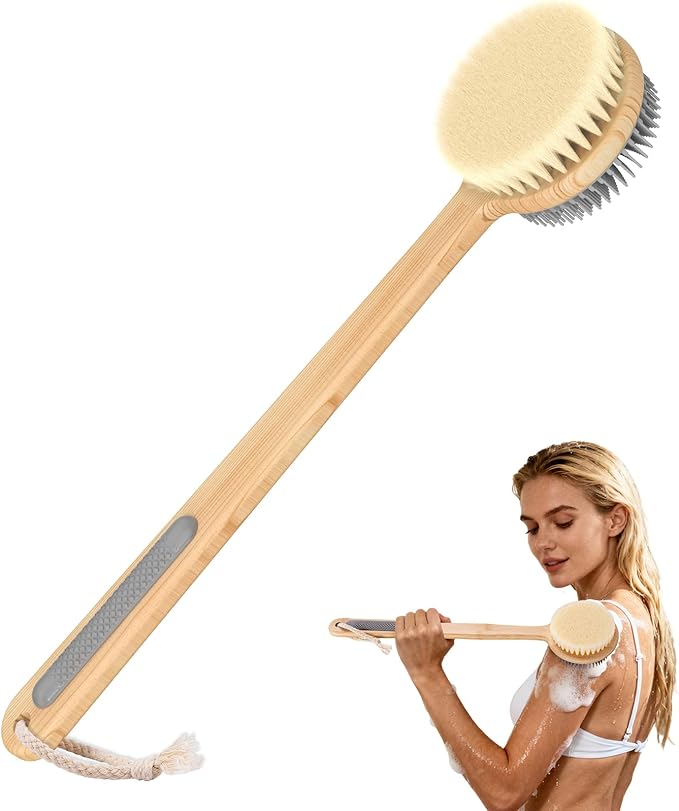 Back Scrubber for Shower，17in Bamboo with Curved Long Handle - Stiff Natural Boar Bristles for Men and Women, Deep Cleansing and Exfoliating, Anti-Slip Grip for Wet or Dry Brushing