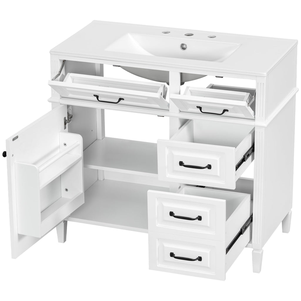 Harper & Bright Designs 36" Bathroom Vanity with Sink, Free Standing Vanity Set with 4 Drawers, Storage Racks, and Adjustable Shelf, Wood Bathroom Cabinet with Ceramic Basin for Bathroom, White
