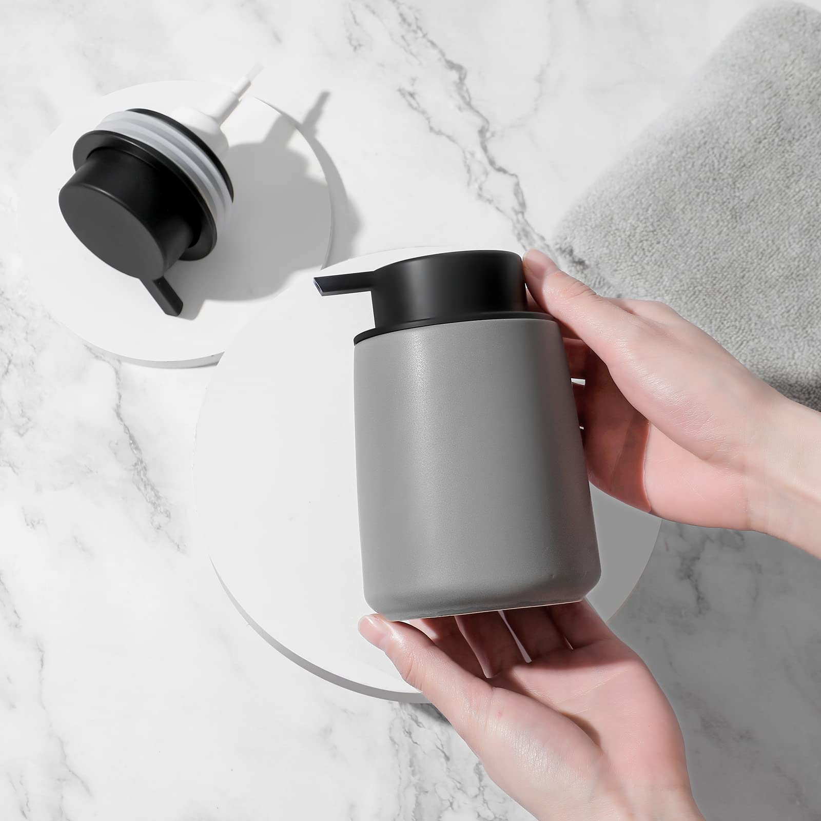 Foaming Hand Soap Dispenser Ceramic, Foam Dish Soap Dispenser for Bathroom and Kitchen Sink, Liquid Pump Bottle for Shampoo, Body Wash, Grey, 2 Pack