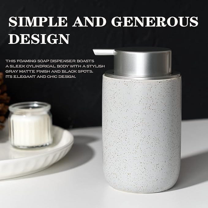 GIRLUFO Gray Foaming Soap Dispenser,Ceramic Foam Dispenser with Silver Plastic Pump for Bathroom&Kitchen,12oz Refillable Foaming Dispenser