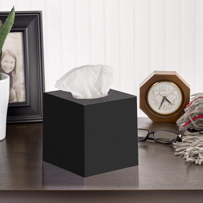 Black Tissue Box Cover – Square Tissue Box Holder for Bathroom Accessories Countertop, Decorative Tissue Cover and Square Cube Holder for Modern Home, Office or Dresser Décor