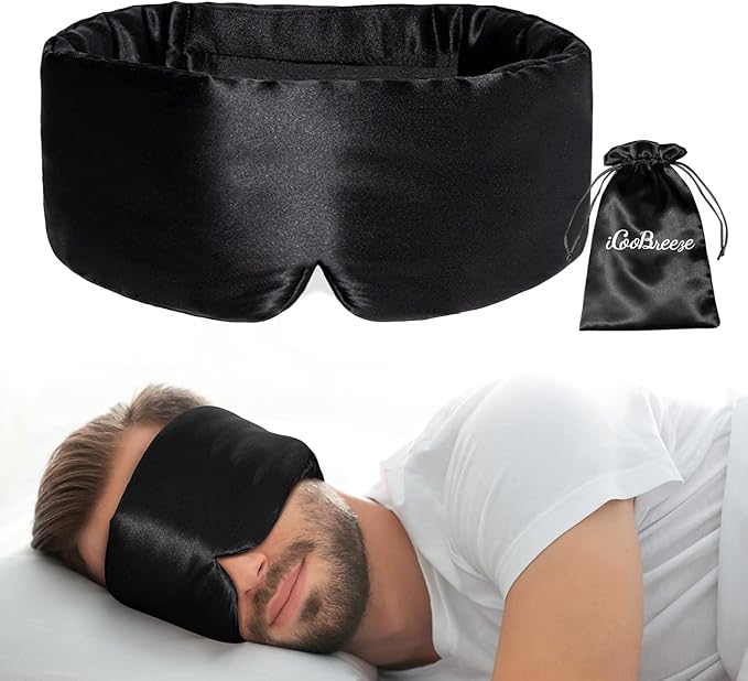 iCooBreeze 100% Natural Silk Eye Mask for Women Men, Soft Pressureless Cooling Blackout Eye Covers for Sleeping, Large Size Sleep Mask fits All Heads Adjustable, 1PC, Black