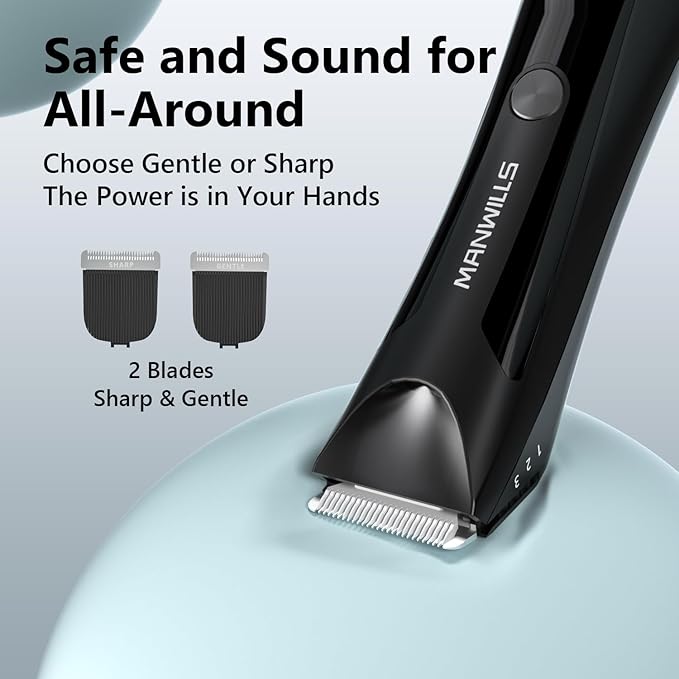 ManWills Body Hair Trimmer Men - Ball Trimmer Men, 2 Replaceable Ceramic Blades, Waterproof Pubic Trimmer with Charging Dock, Rechargeable, 7000RPM