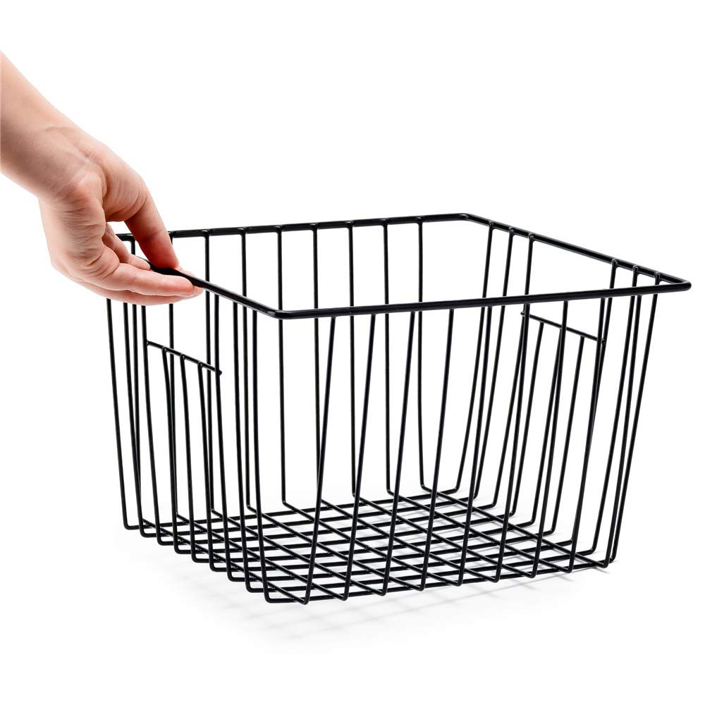 SANNO Black Closet Baskets Freezer Baskets Pantry Storage Wire Basket,Wire Basket Farmhouse Storage Organizer, Metal Household Storage Organizer Bin for Pantry Shelf Kitchen Cabinet Bathroom Black