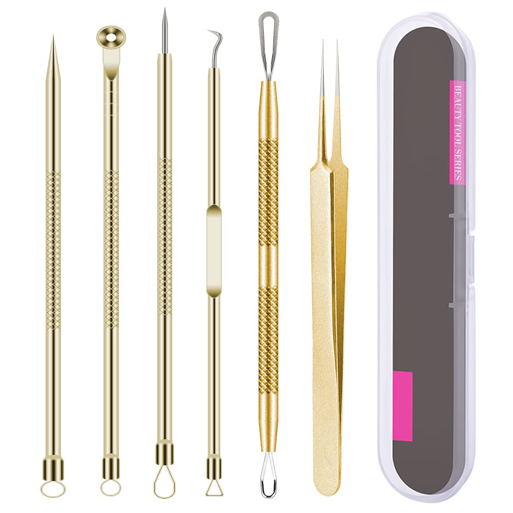 Pimple Popper Tool Kit 6 Pcs Blackhead Remover Acne Needle Tools Set Removing Treatment Comedone Whitehead Popping Zit for Nose Face Skin Blemish Extractor Tool - Gold