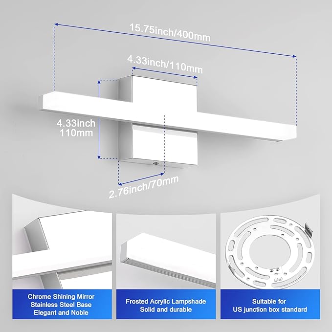 Combuh LED Bathroom Vanity Light Bar 16 Inch 9W IP44 Over Mirror Lighting Fixture Wall Sconces Indoor Modern Cool White 6000K Chrome Set of 2