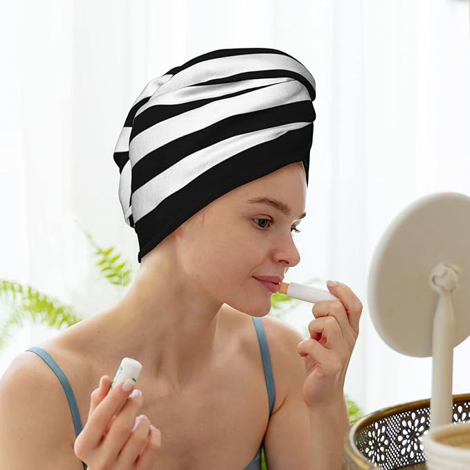 Black and White Stripe Hair Towel Wrap Microfiber Fast Drying Hair Turban with Buttons for Women Men Drying Curly, Long & Thick Hair