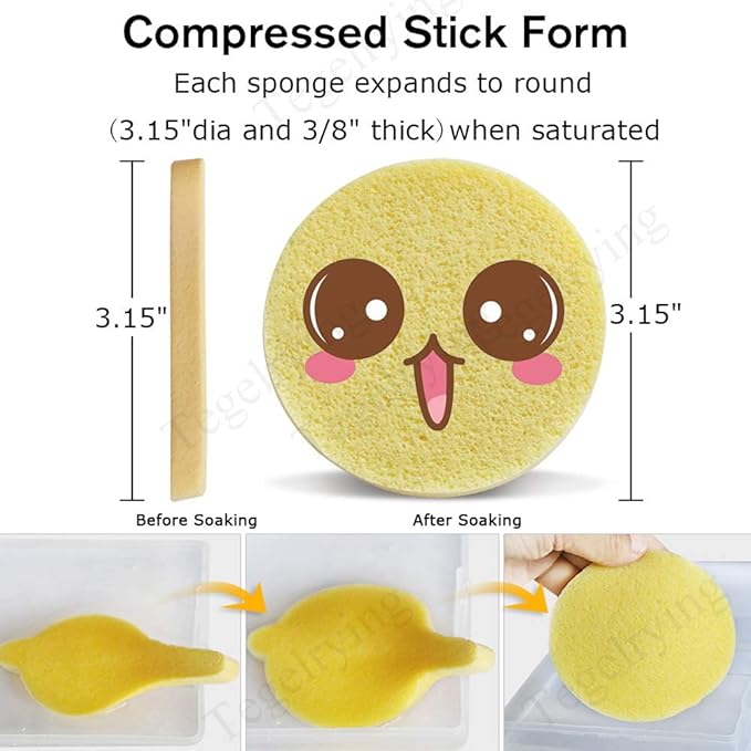 Facial Sponge Compressed,120 Count PVA Professional Makeup Removal Round Face Wash Sponges Spa Pads Exfoliating Cleansing for Women,Yellow