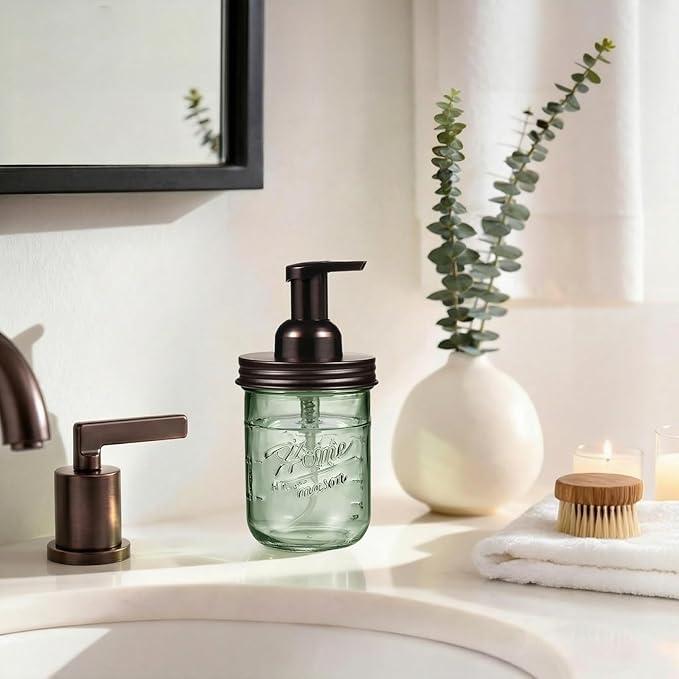 SheeChung Mason Jar Foaming Soap Dispenser, Stainless Steel Lid, BPA Free Pump, Green Glass Foam Hand Soap Dispenser, 16 Oz Refillable Liquid Foam Dispenser Bottle for Bathroom Kitchen-Bronze, 2 Pack