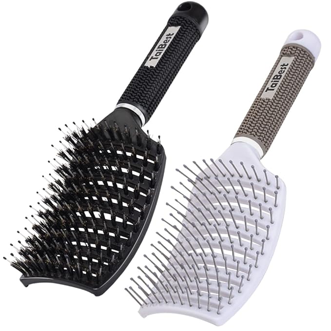TaiBest Boar Bristle Hair Brush Set - Dry/Wet Hair Brushes Detangler for Fine, Thick, Curly Hair - Curved and Vented Hair Brush for Women, Men or Kids