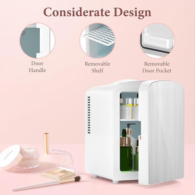 Xbeauty Mini Fridge, 4L Portable Small Refrigerator for Skincare, Cosmetics, Food & Drinks, Compact Refrigerator for Bedroom, Dorm, Car, Office, White