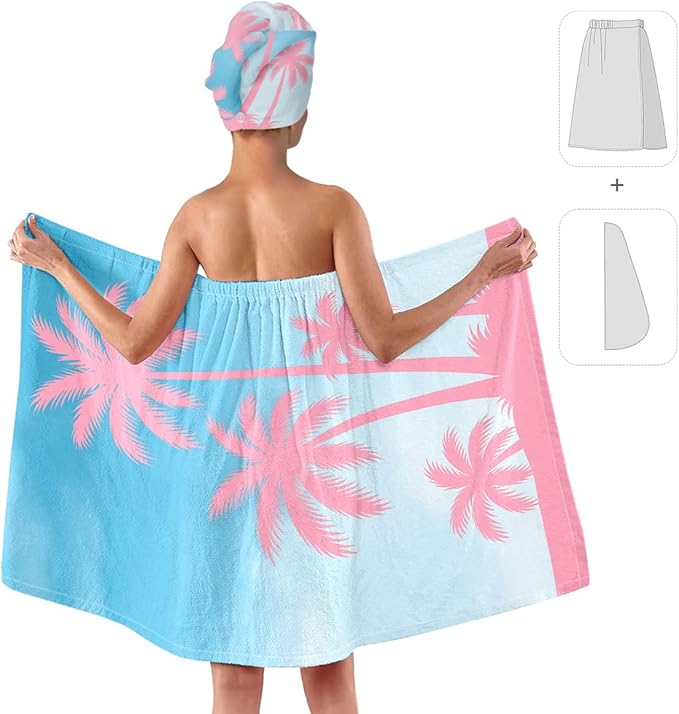 Palm Tree Towel Wrap for Women with Hair Turban – Tropical Quick Dry Microfiber Bath Skirt Set – Shower Wrap with Adjustable Closure for Girls, Spa, Travel, Beach, Dorm (Palm Tree)
