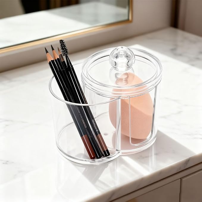 Axrivonte Qtip Holder Dispenser,Dual-Compartment Cotton Swab & Cotton Pad Organizer with Removable Dustproo-f Lid,Compact Countertop Storage Container(Clear)