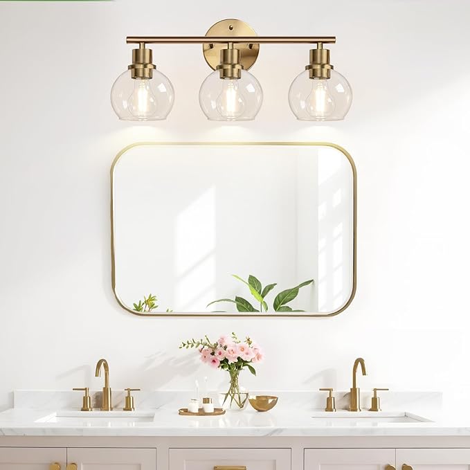 3-Light Bathroom Light Fixtures, Brushed Brass Bathroom Lights Over Mirror with Clear Glass Globe Shade, Vanity Lights for Bathroom Kitchen Living Room Hallway Cabinet Bedroom Porch