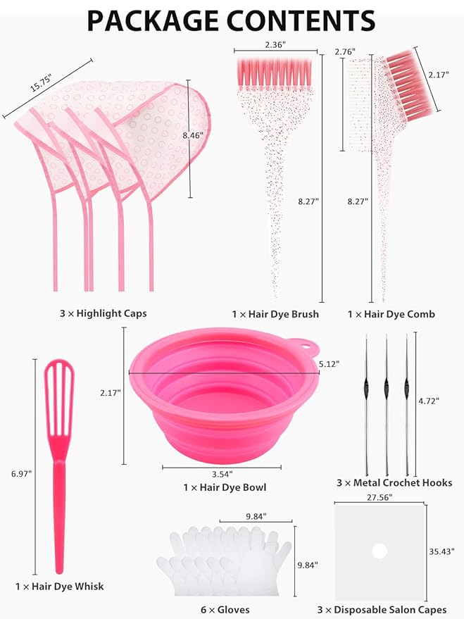 YOOVR 19PCS Hair Bleach Highlighting Kit with Hair Dye Brush and Bowl Set Color Whisk, Highlight Frosting Cap with Hook, Gloves Capes, Home Use Salon Tools for Hair Bleaching Coloring Dying (Pink)