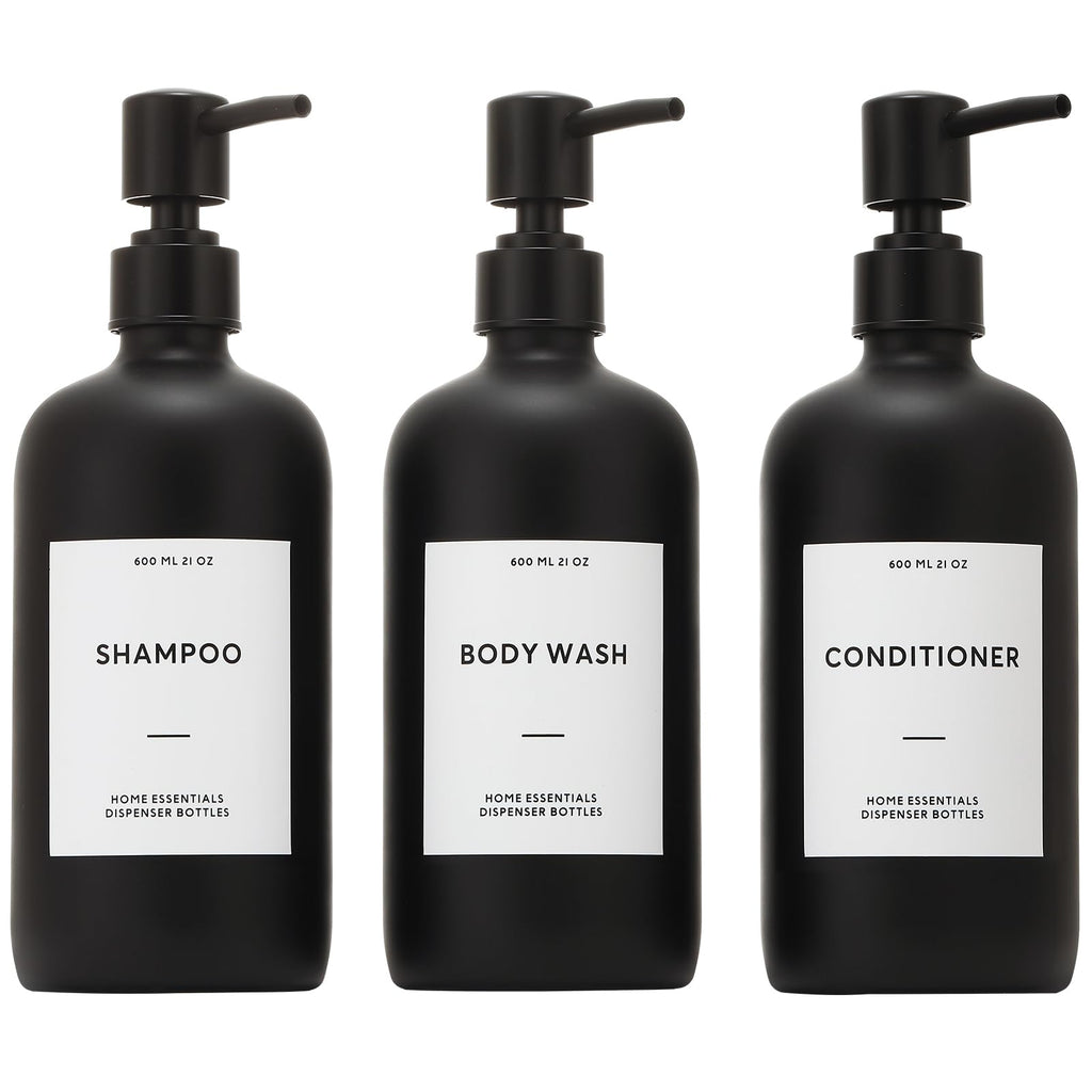 HOMCDALY Shampoo and Conditioner Dispenser, 21oz 3-Pack Refillable Shampoo and Conditioner Bottles, Empty Bathroom Shower Pump Dispenser (21oz-Black