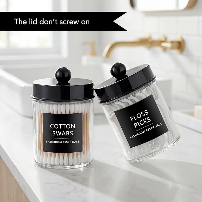 Amolliar 2 Pack Qtips Dispenser Holder - Bathroom Countertop Storage Organizer Containers - Glass Apothecary Jars with Black Plastic Lid for Q-tips Cotton Balls, Swabs, Round Pads, Floss