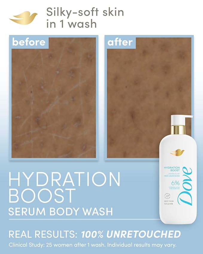 Dove Body Wash Hydration Boost Actively drenches dry skin 6% hydration serum with hyaluronic 30 fl oz