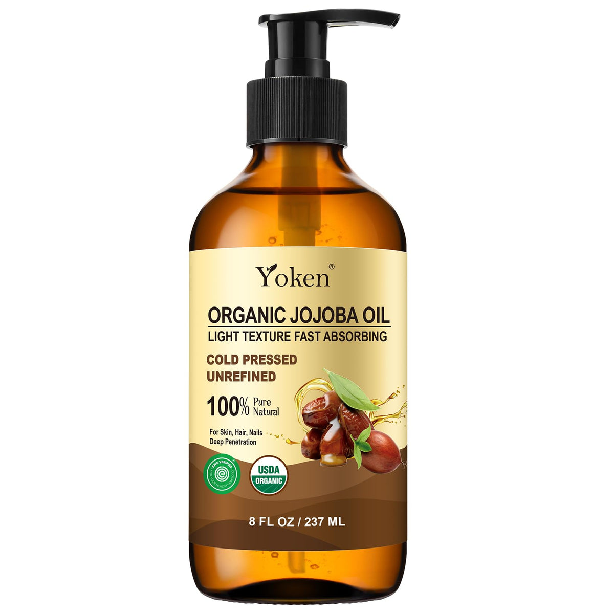 Yoken Organic Jojoba Oil Glass Bottle 16oz, USDA Certified for Skin Care
