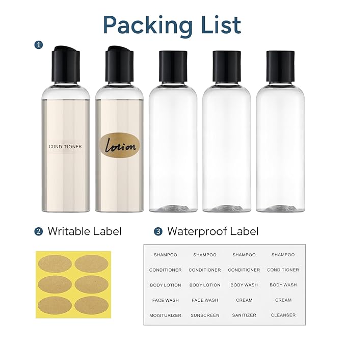 owlyee Travel Bottles for Toiletries 3.4 oz TSA Approved - 5 Pack Leak Proof Travel Size Containers, Clear Squeezable Plastic Bottles with Labels for Shampoo Lotion, Flight Cruise Gym Essentials
