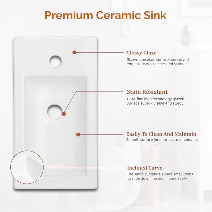 VINGLI 18" Floating Fluted Bathroom Vanity with Ceramic Sink, Wall Mounted Bathroom Vanity Cabinet with Fluted Single Door&White Ceramic Basin Top, 18 Inch Floating Wall Sink Cabinet Combo,Walnut