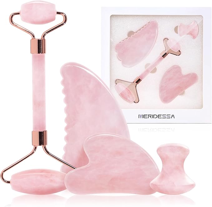 MERIDESSA Jade Roller & Gua Sha Set for Face – 4PCS Natural Facial Massage Tools Kit, Lymphatic Drainage Beauty Set for Depuffing, Skin Firming & Relaxation – Self Care & Gift Ready