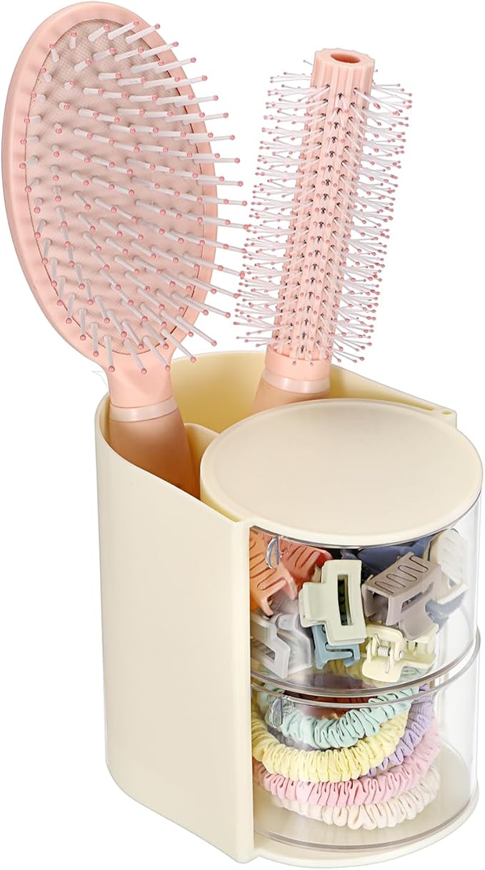 GUSHBIN Rotating Hair Accessories Organizer with Comb Holder Cosmetic Storage Case for Makeup Sponge Plastic Desktop Organizer, 2-Layer Yellow