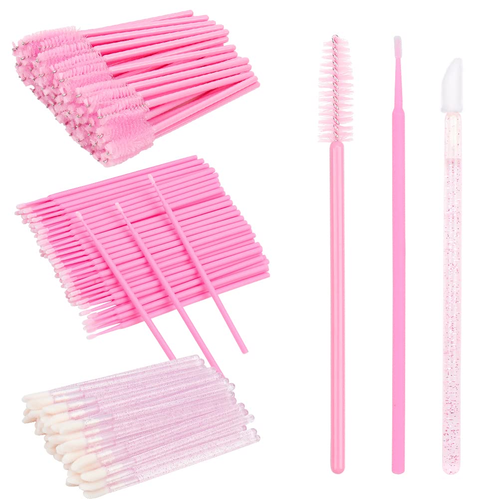 300 PCS Eyelash Extension Supplies Kit Disposable Micro Brush Eyebrow Lash Spoolies Lip Stick Brush Mascara Wand Applicator Makeup Brush Tool (Pink Sets)