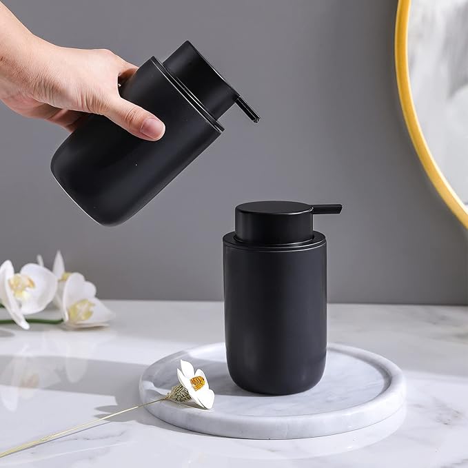 Black Soap Dispenser Set- Modern Ceramic Hand Dish Soap Dispenser for Bathroom Refillable Liquid Lotion Soap for Farmhouse Kitchen Decor Dish 2 Pack