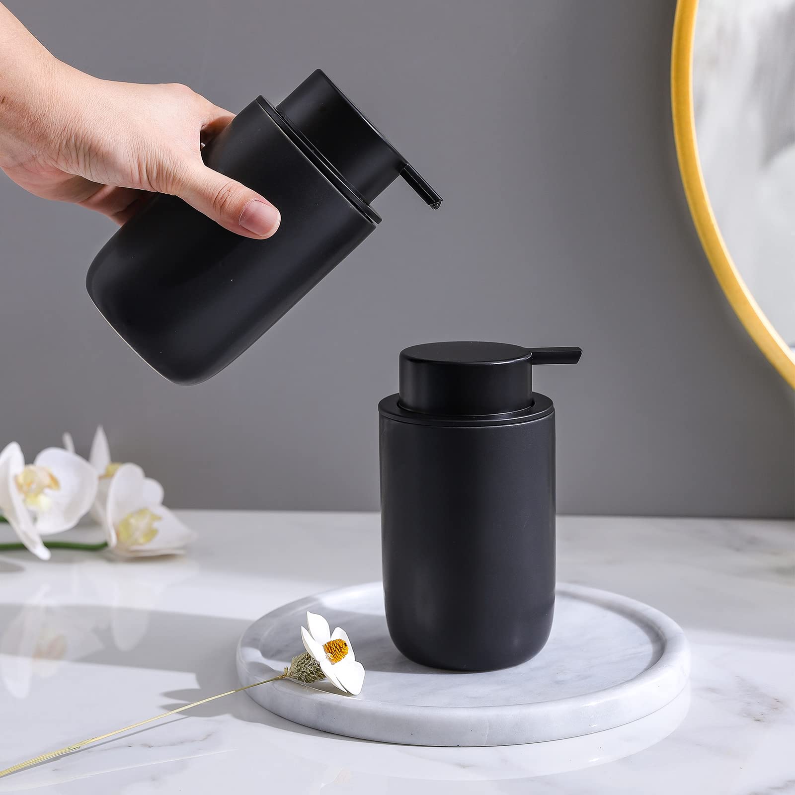Black Soap Dispenser Set- Modern Ceramic Hand Dish Soap Dispenser for Bathroom Refillable Liquid Lotion Soap for Farmhouse Kitchen Decor Dish 2 Pack