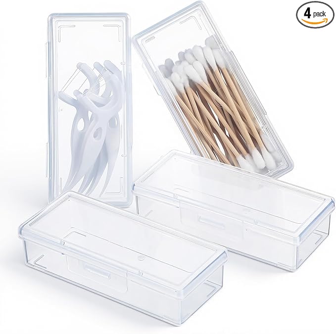 4 PCS Cotton Swab Holder for Travel, Clear Floss Pick Holder, Small Containers for Travel, Portable Storage Case for Cottons Buds Hair Ties Floss