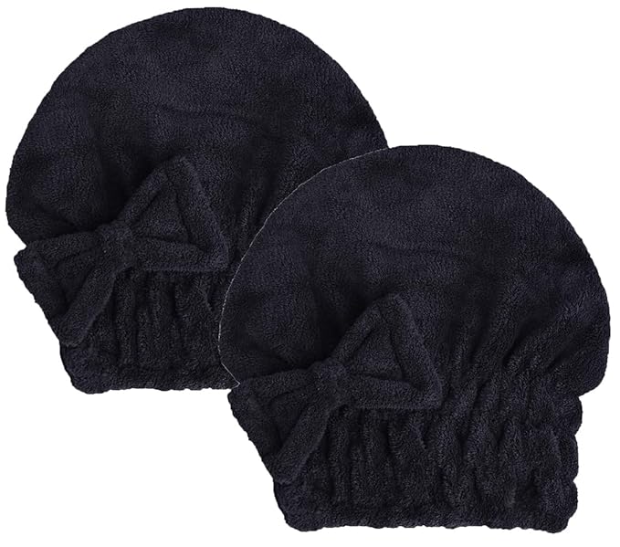 MAYOUTH Microfiber Hair Drying Towels Head wrap with Bow-Knot Shower Cap Hair Turban hairWrap Bath Cap for Curly Long & Wet Hair Gift for Women Blackx2