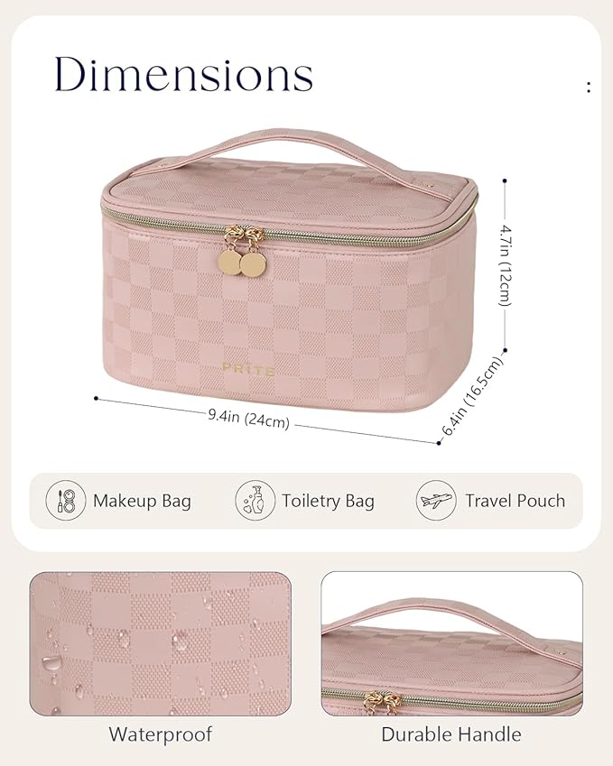 Prite Makeup Bag, Large Capacity Cosmetic Bag for Women and Girls, Waterproof PU Leather Travel Case with Handle, Divider for Skincare and Brushes - Checkered Pink