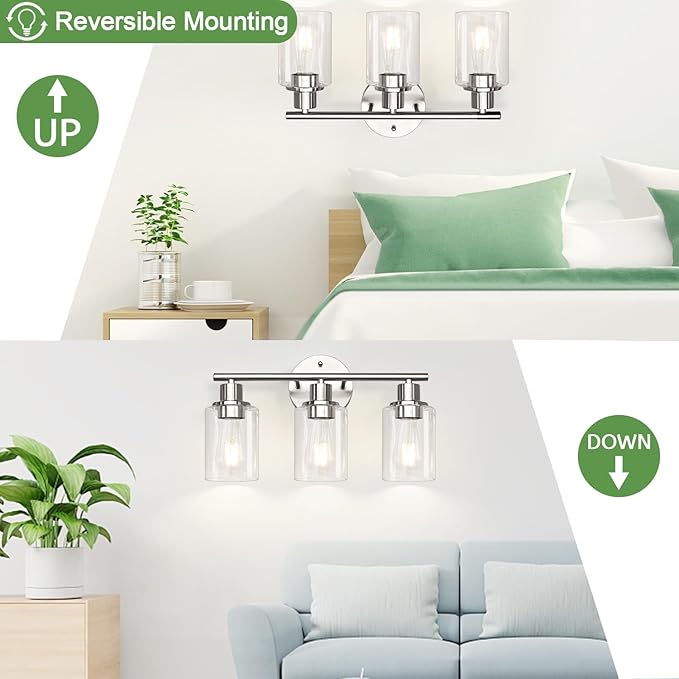 Zarbitta 3-Light Bathroom Light Fixtures, Brushed Nickel Vanity Light, Farmhouse Wall Lights with Clear Glass Shade, Bathroom Wall Lamp for Mirror Kitchen Bedroom Hallway Living Room Hallway Cabinet