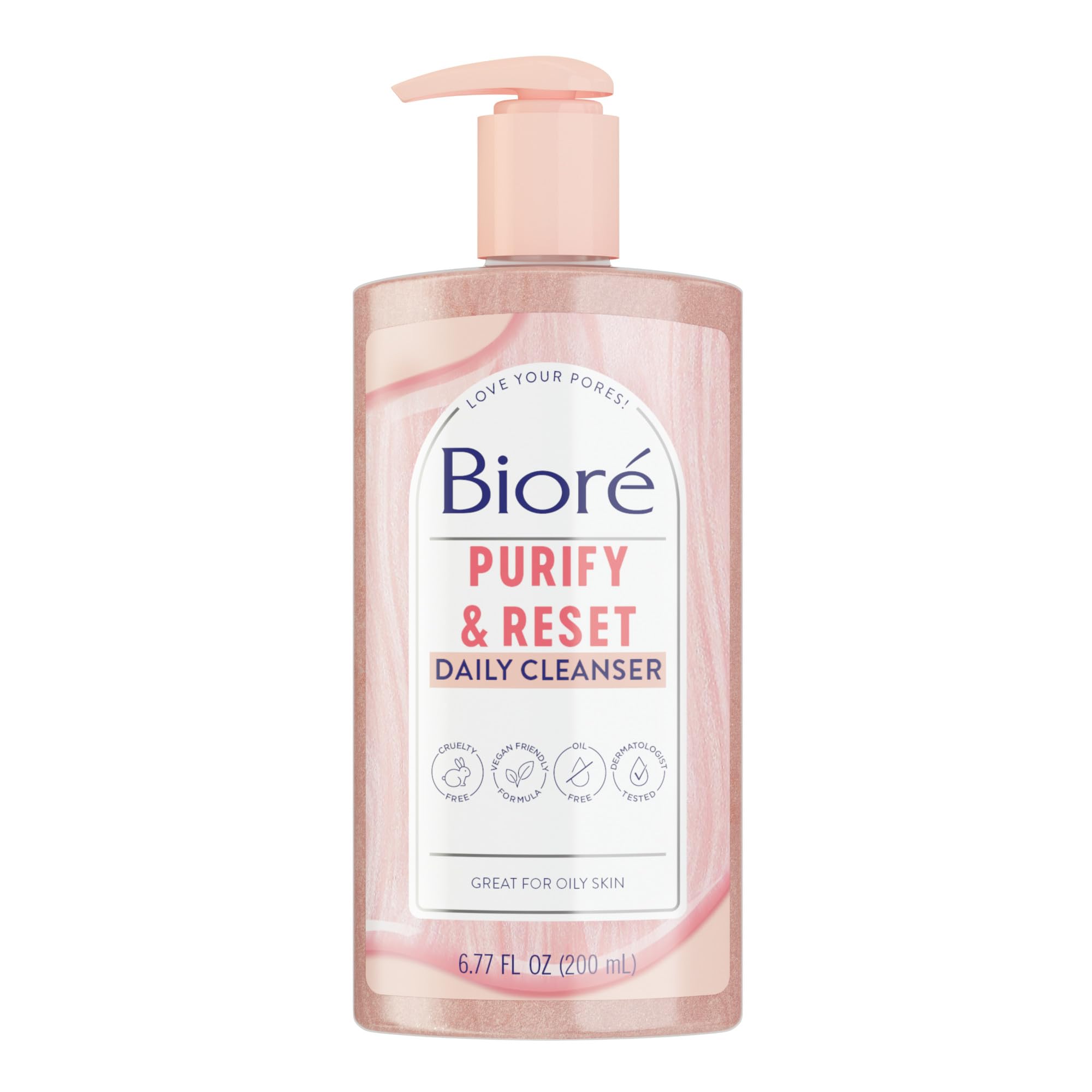 Biore Rose Quartz + Charcoal Daily Purifying Cleanser, Oil Free, 6.77 Oz