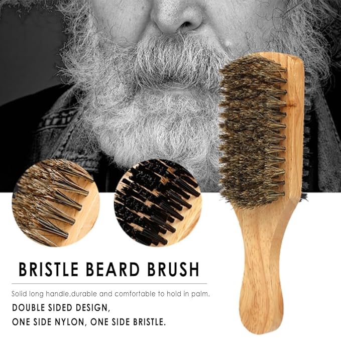 Beard Brush and Comb Set with Mustache Scissors Grooming Kit, Natural Boar Bristle, Dual Action Wood Comb, Dual Side Brush for Men's Facial Hair, Travel Bag