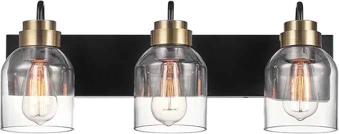Globe Electric 22" 3-Light Matte Black Vanity Light with Matte Brass Accents and Glass Shades
