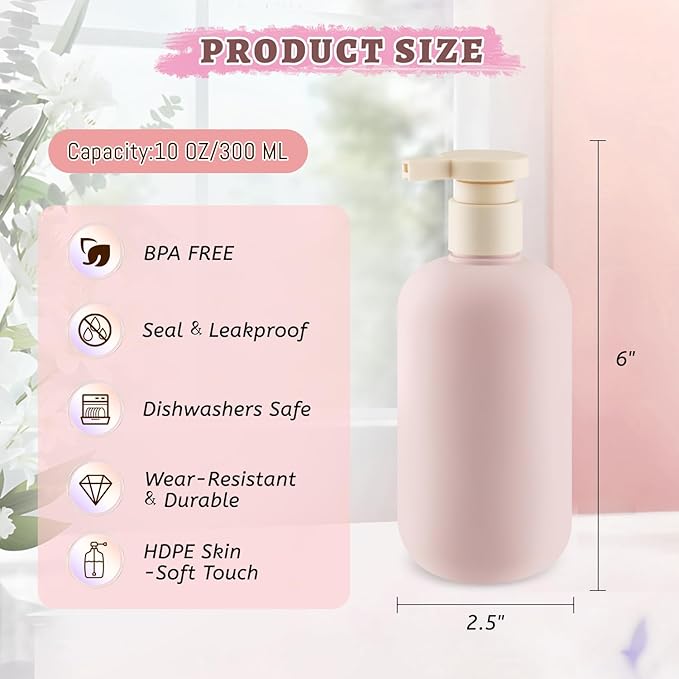 DMuuuDM 6 Pcs 10 oz Soft Plastic Bottles with Press Pump,Empty Refillable Travel Shampoo Dispenser Container for Hand Soap,Shampoo,Lotion,Body Wash,Conditioner,Silicone Funnel Included (Pink)