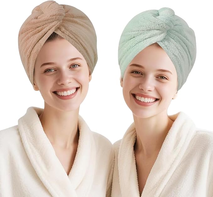 Microfiber Hair Drying Towel Wrap for Women, Hair Turbans Towel for Wet Hair,turbie Twist Hair Towels(The Color of the Picture is for Reference only) (Brown,Light Green)