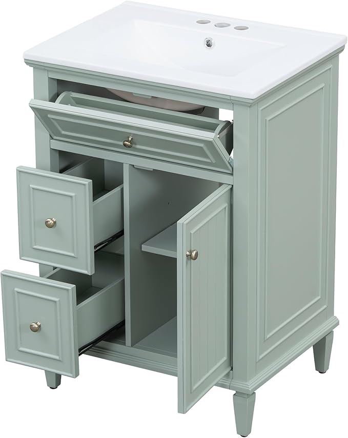 Harper & Bright Designs 24" Bathroom Vanity with Sink, Free Standing Single Basin Vanity Set with Tip-Out Drawer, 2 Drawers, and One Door, Storage Cabinet with Ceramic Basin for Bathroom, Green