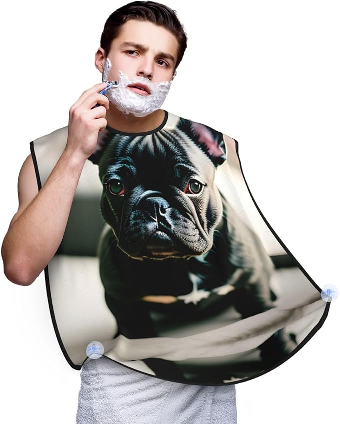 NOUZU Adorable French Bulldog Print Beard Bib Apron For Men, Beard Hair Catcher For Men Shaving Trimming,Beard Cape Cloth, Black