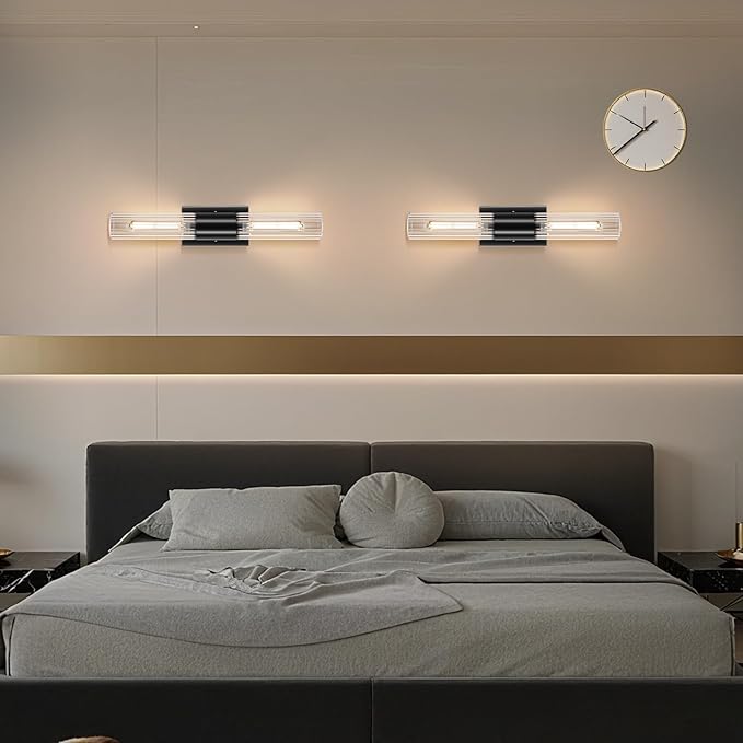 21" Bathroom Vanity Sconces Set of 2, Black Hardwired Wall Sconces Set of Two with Threaded Glass Shade, Modern Up Down Wall Decor Set of 2 for Bathroom Living Room Bedroom Hallway-Bulb Not Included ﻿