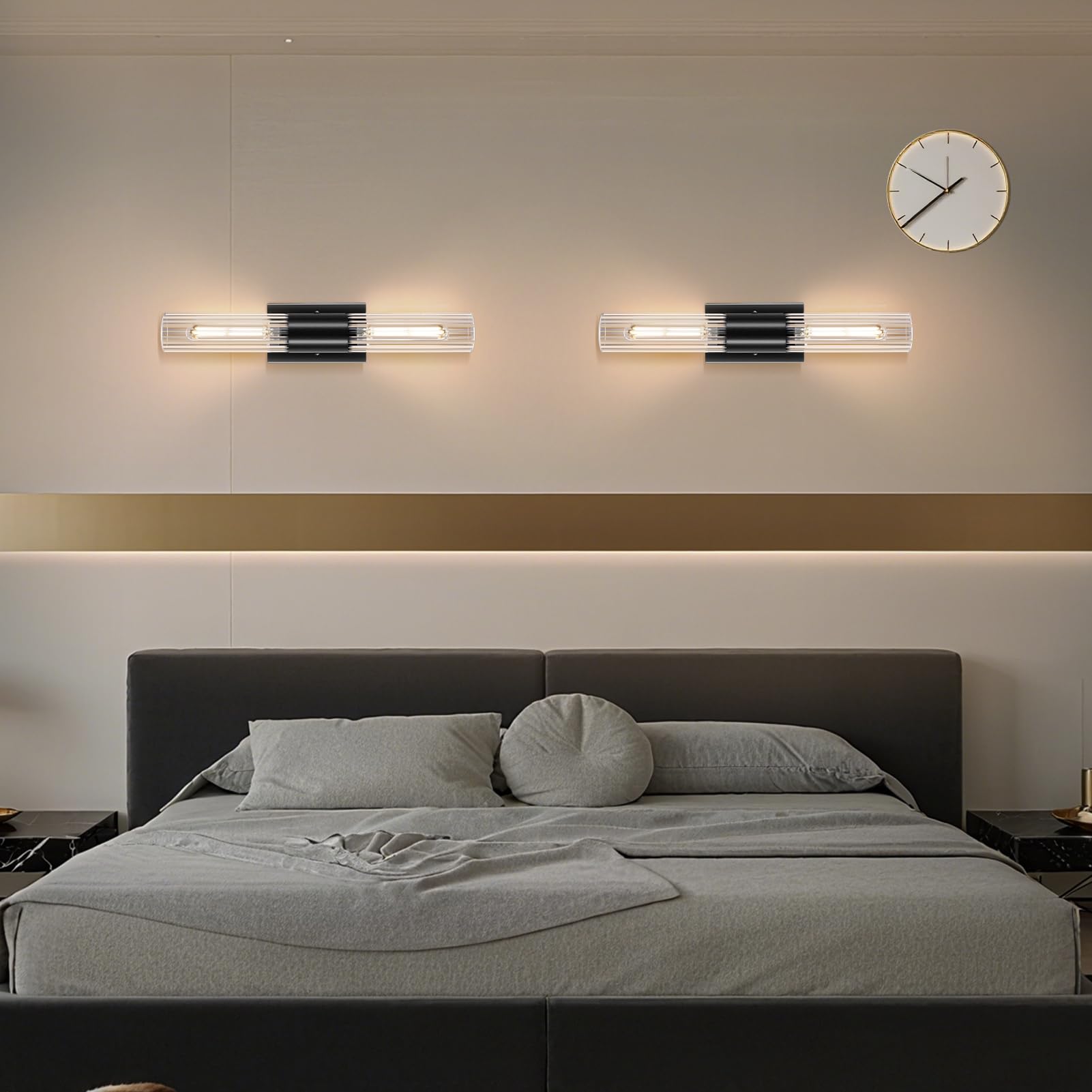 21" Bathroom Vanity Sconces Set of 2, Black Hardwired Wall Sconces Set of Two with Threaded Glass Shade, Modern Up Down Wall Decor Set of 2 for Bathroom Living Room Bedroom Hallway-Bulb Not Included