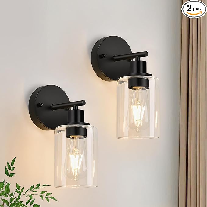 Zarbitta Set of 2 Wall Sconces for Bathroom,Black Modern Vanity Lights with Clear Glass Shade,Bathroom Wall Lamp for Mirror Kitchen Living Room Hallway Cabinet Porch